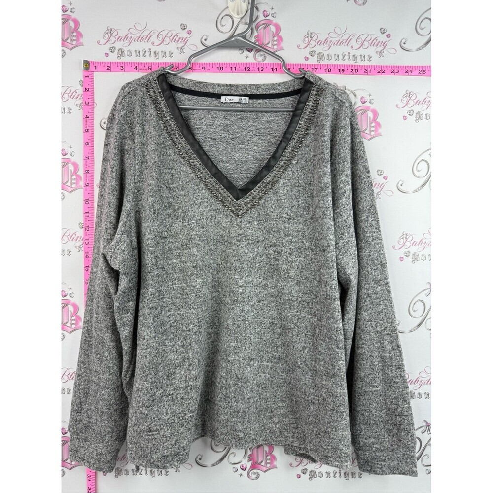 Dex long sleeve shirt studded Gray V-Neck Knit Sweater with Faux Leather Trim